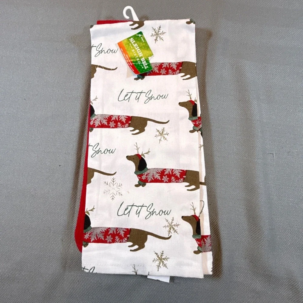 Sleigh Bell Bistro Christmas Dachshund Kitchen Towel Set 2pc Red White Cotton